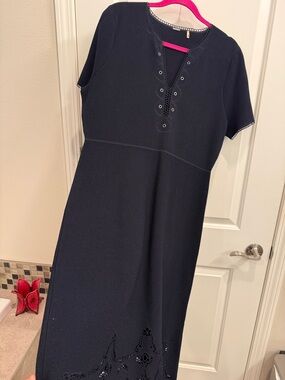 Elie Tahari Short Sleeve Eyelet Detail Midi Dress